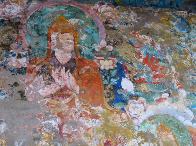 Old mural of Lama Tsong Khapa.